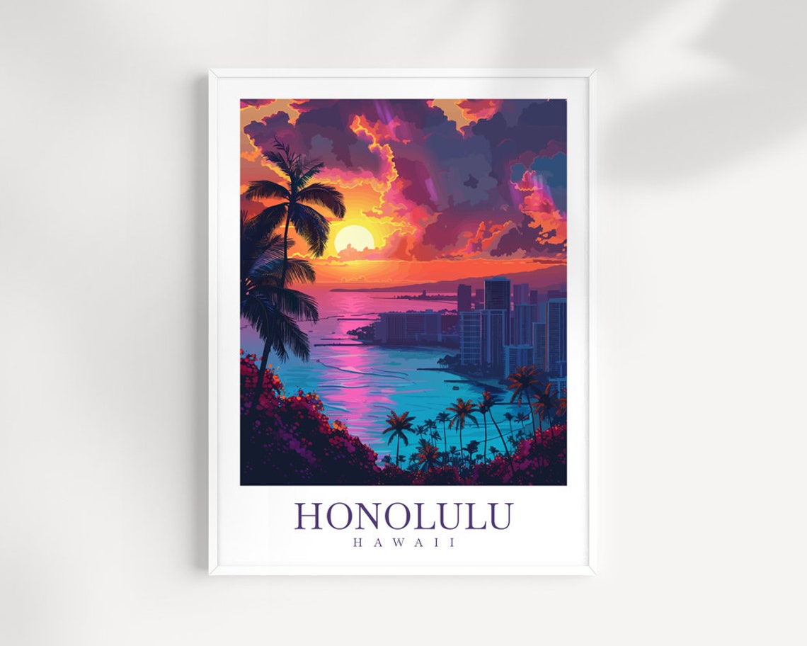 Honolulu Hawaii Waikiki Skyline Sunset Palm Silhouette Travel Poster