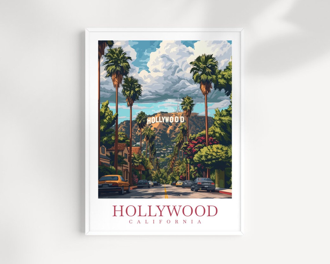 Hollywood California Street Palms Hill Sign Day Travel Poster
