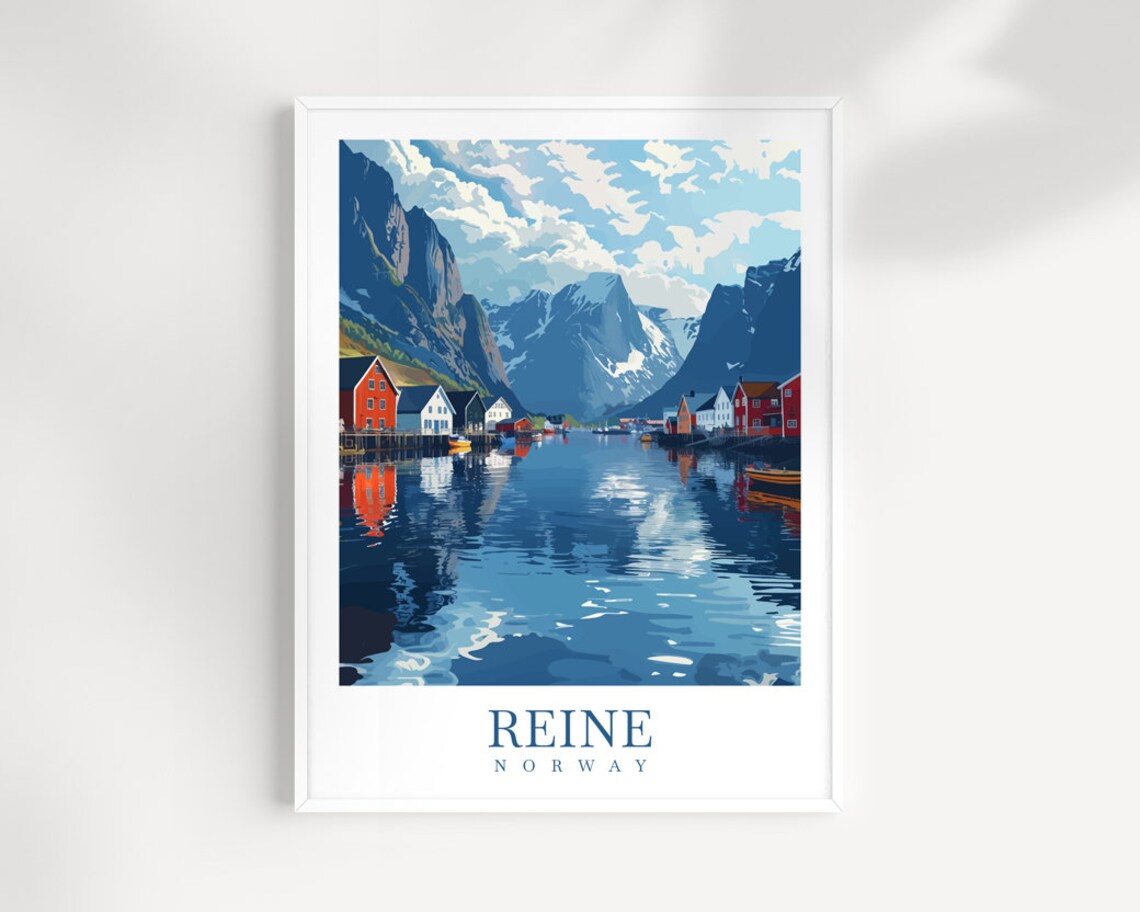 Reine Norway Harbor Red Fishing Cabins Calm Fjord Travel Poster