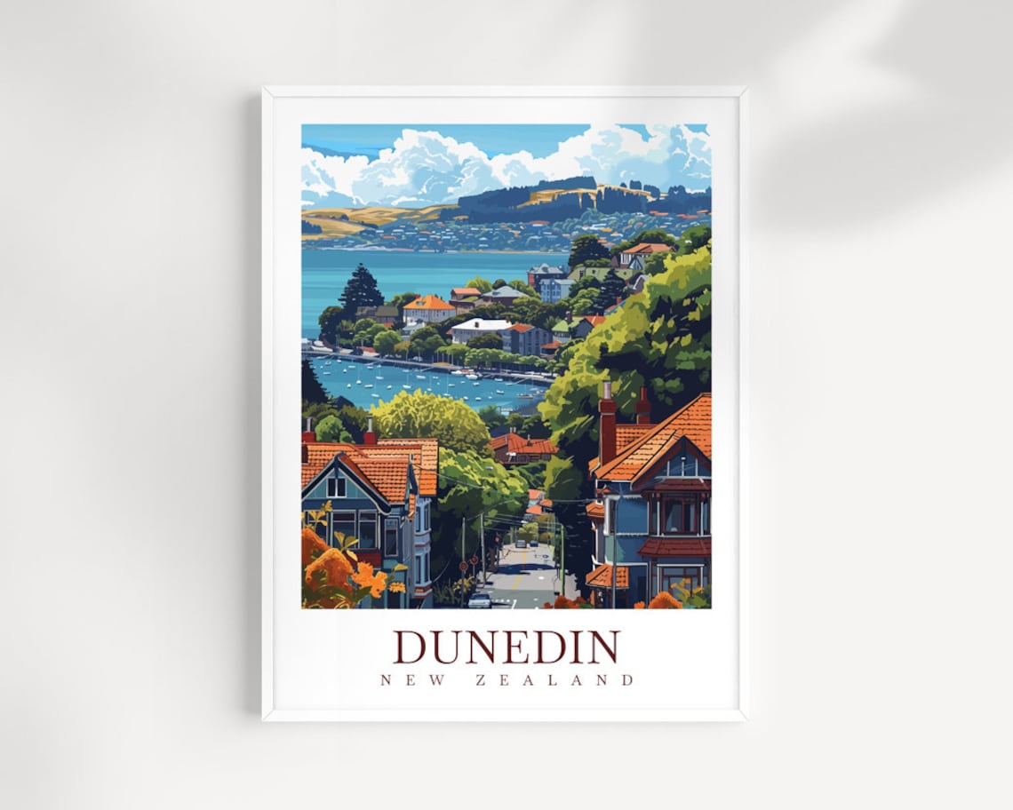Dunedin New Zealand Historic Steep Street Harbor View Travel Poster