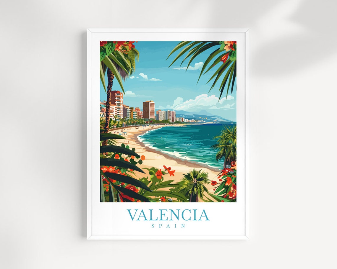 Valencia Spain Beach Palm Promenade City Coastline Travel Poster