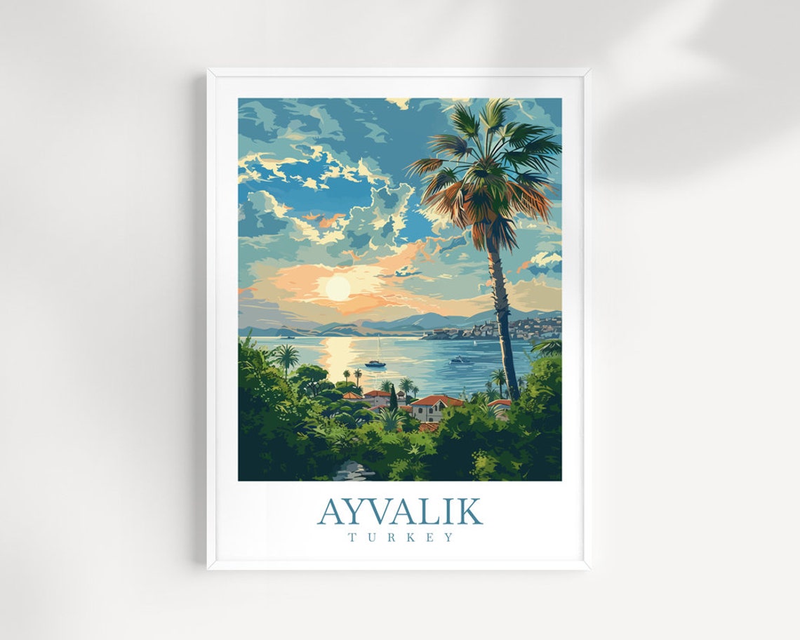 Ayvalik Turkey Sunset Bay Palm Tree Calm Water Vintage Travel Poster