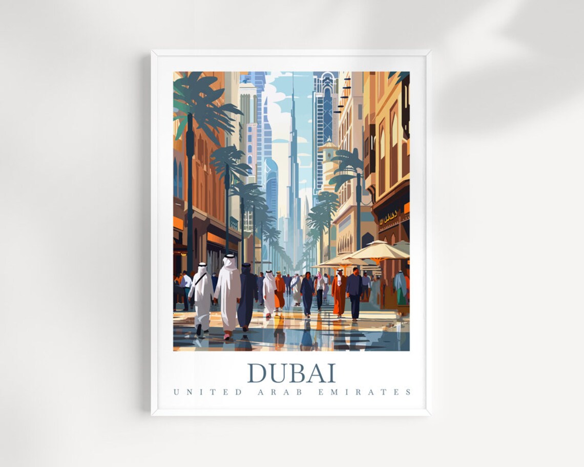 Dubai UAE City Walk Burj Khalifa Street Scene Travel Poster Art