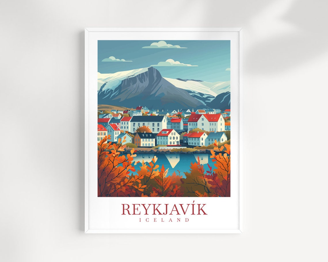 Reykjavik Iceland Autumn Old Town Snowy Mountain View Poster