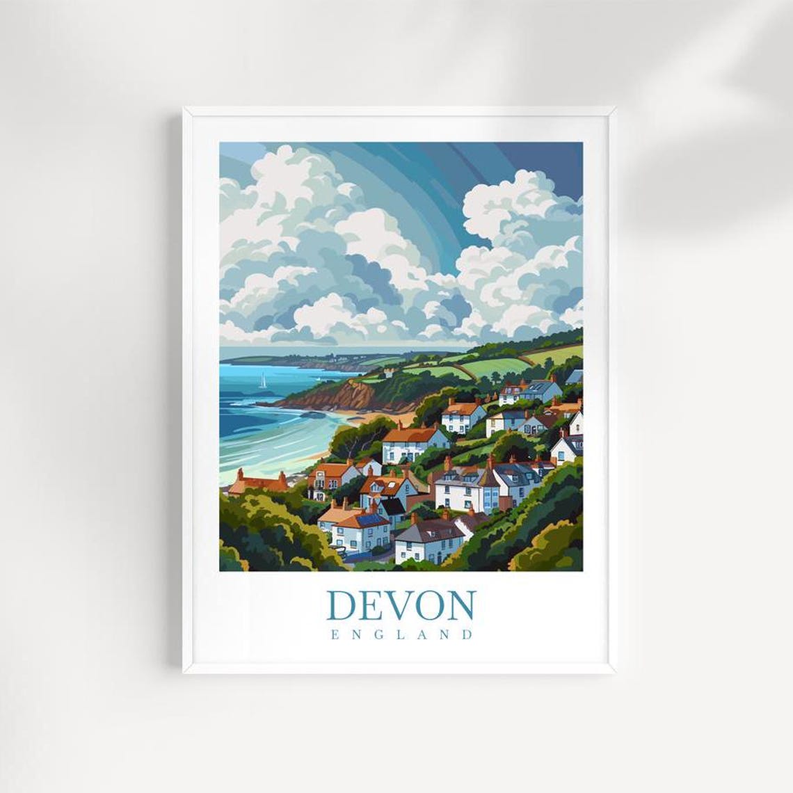 Devon England Seaside Village Poster With White Cottages And Beach
