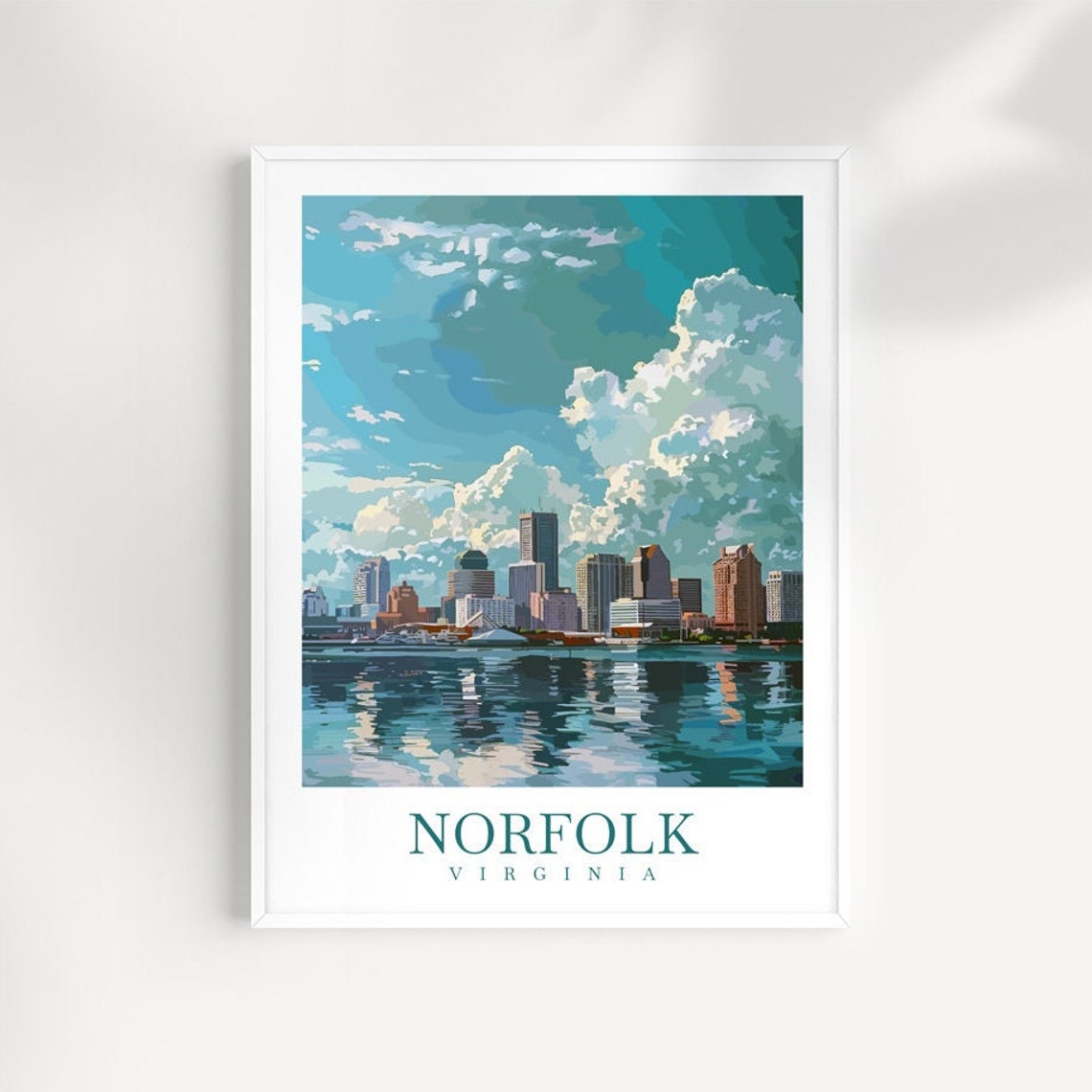Norfolk Virginia Downtown Skyline Waterfront Reflection Travel Poster