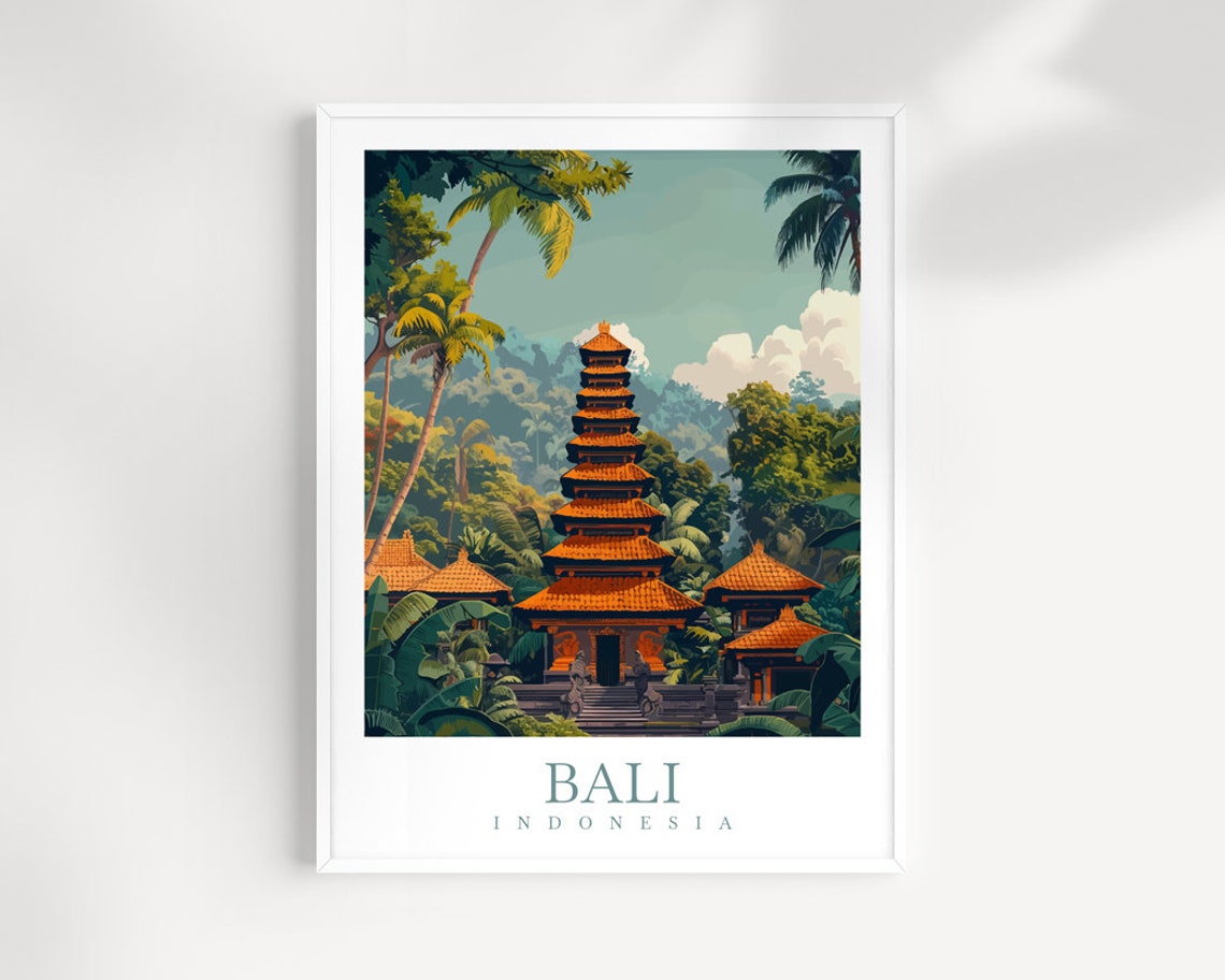 Bali Indonesia Tropical Temple Tiered Pagoda Jungle Travel Poster