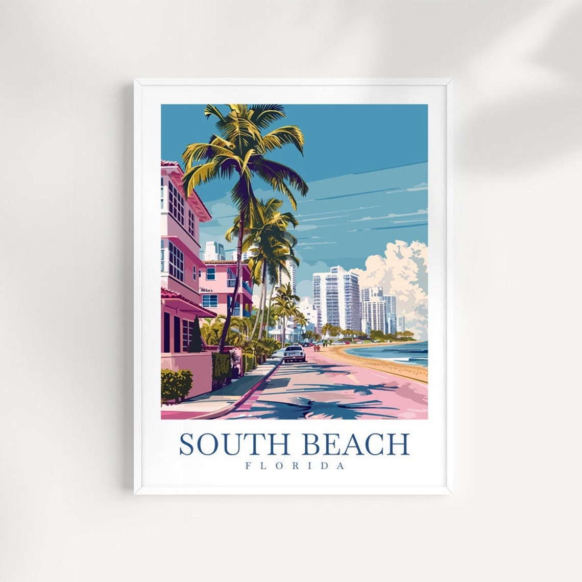 South Beach Florida Pink Art Deco Street Palms Beach Travel Poster