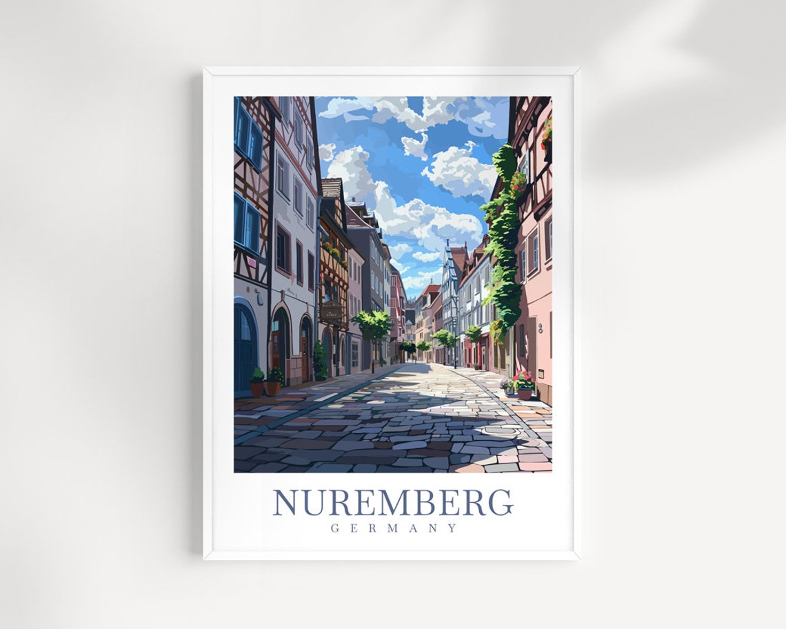 Nuremberg Germany Cobblestone Street Half Timbered Travel Poster