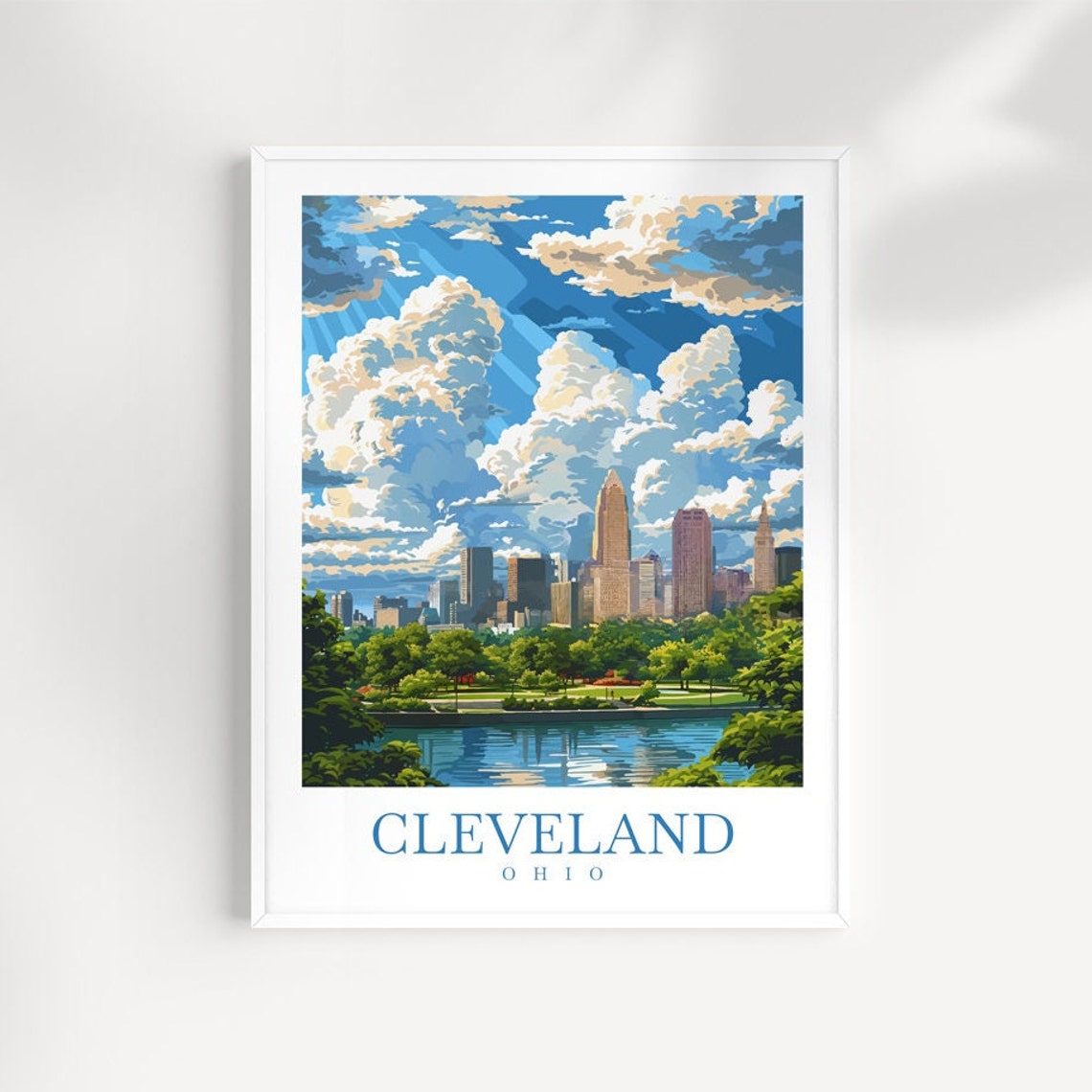 Cleveland Ohio Skyline Dramatic Clouds Lakefront Vintage Travel Poster