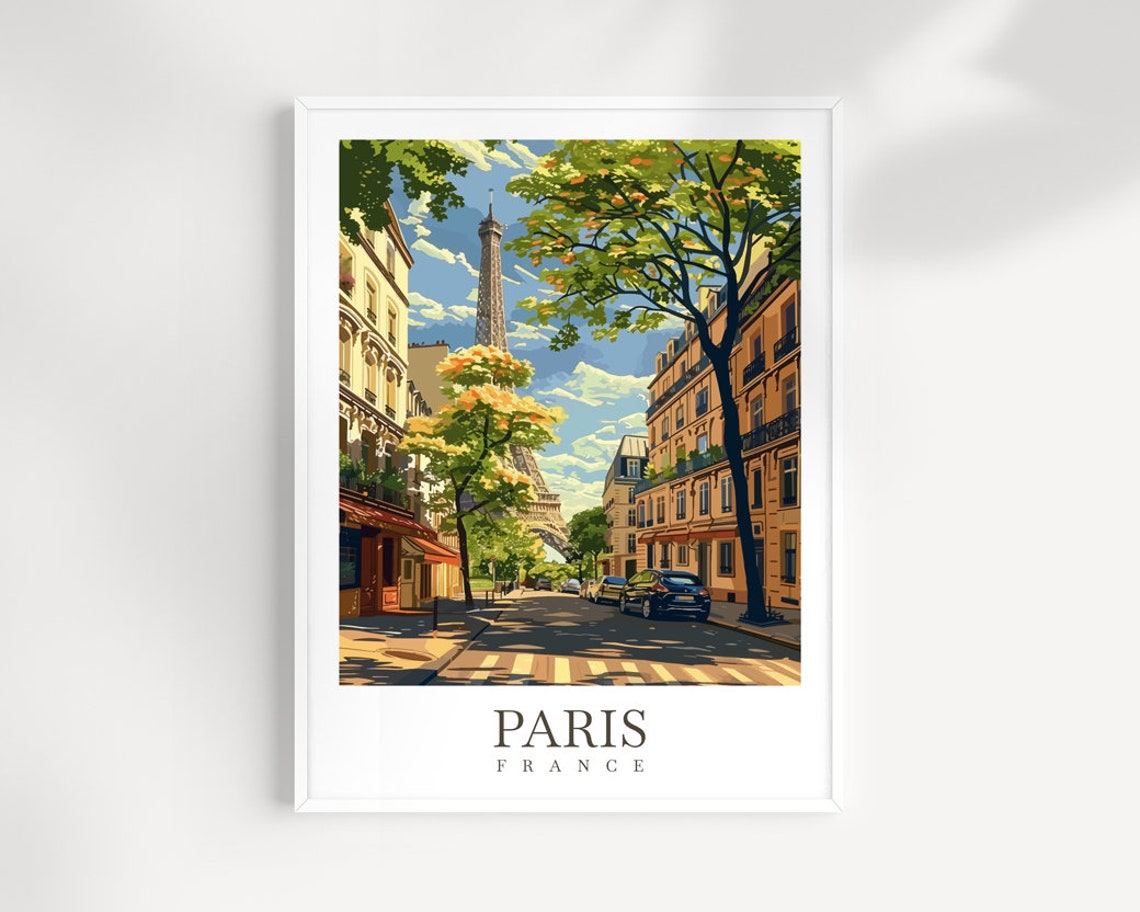 Paris France Eiffel Tower Tree Lined Street Sunny View Poster