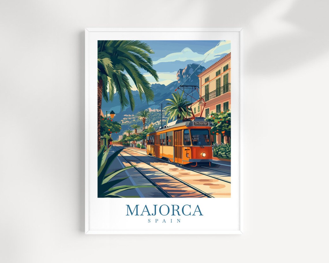 Majorca Spain Vintage Orange Tram Palm Street Scene Travel Poster