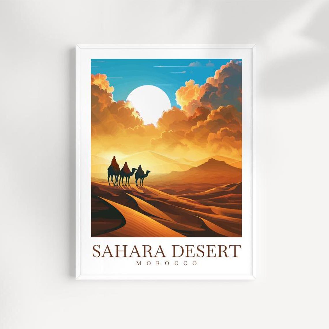 Sahara Desert Morocco Camel Caravan Sunset Dunes Travel Poster