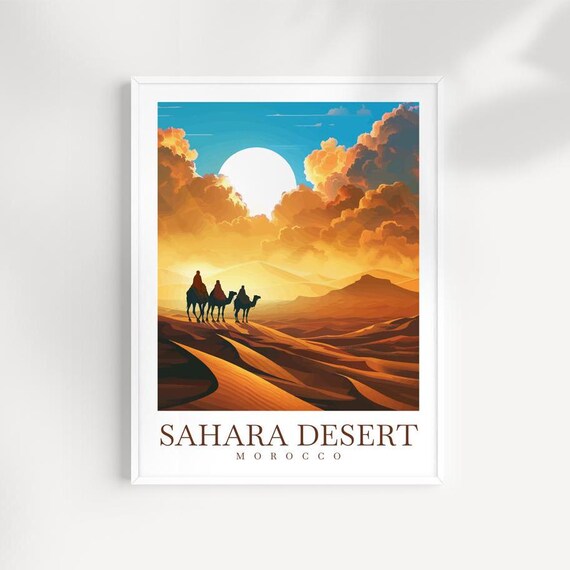 Sahara Desert Morocco Camel Caravan Sunset Dunes Travel Poster