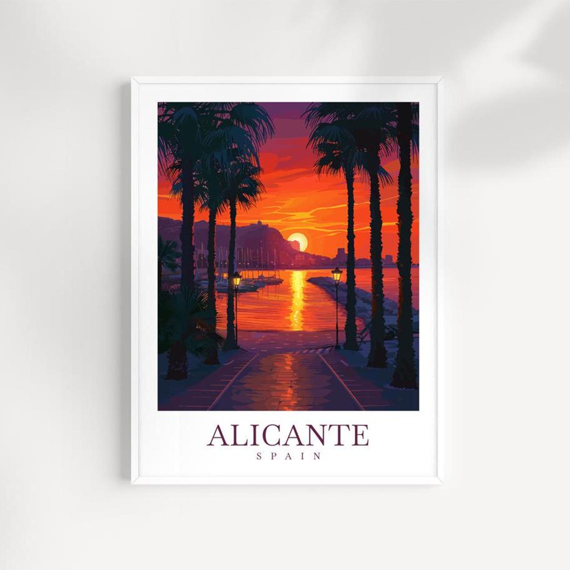 Alicante Spain Sunset Harbor Palm Trees Silhouette Evening Poster