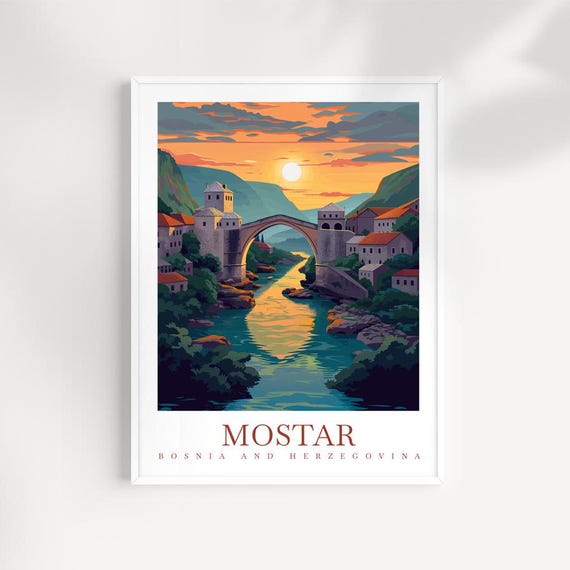Mostar Bridge Travel Poster Bosnia And Herzegovina Wall Art