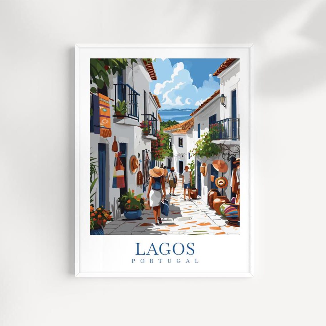 Lagos Portugal Market Street By The Sea Illustrated Travel Poster