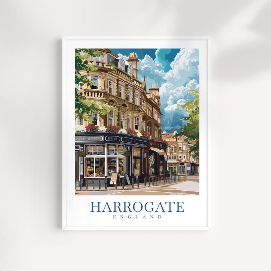 Harrogate England Historic Street Shops Illustrated Travel Poster
