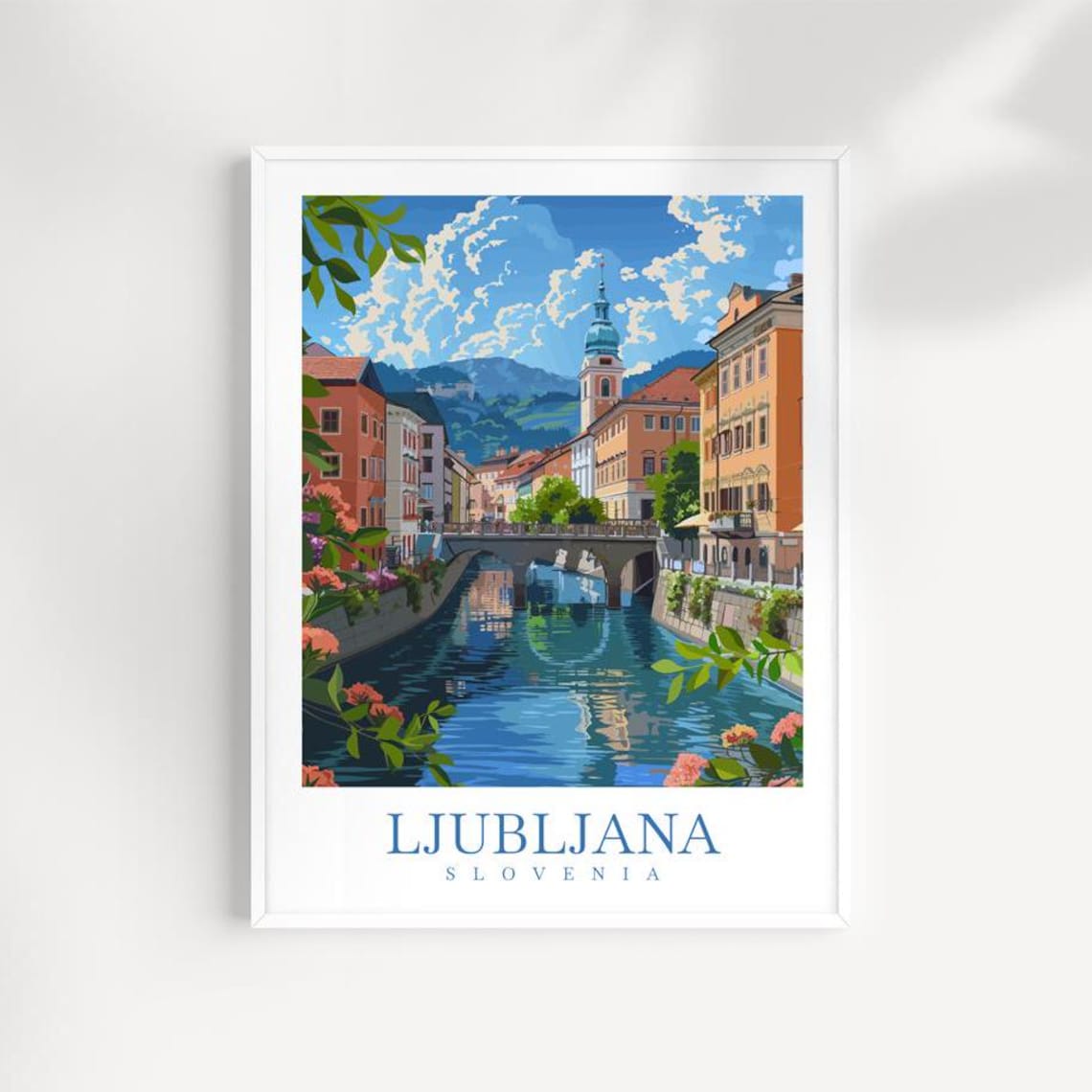 Ljubljana Slovenia Riverside Bridge with Flowers Scene Poster