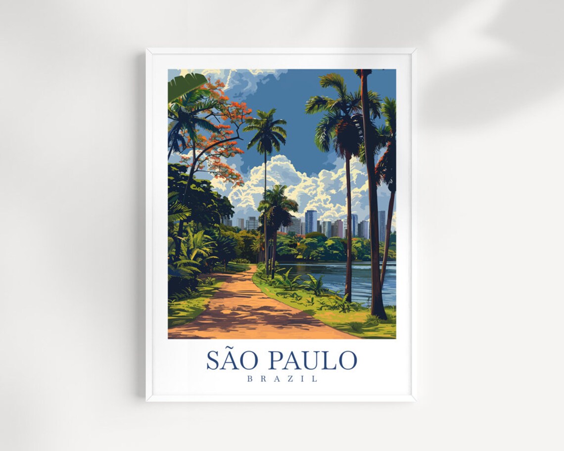 Sao Paulo Brazil Palm Park Path Lake City Skyline Art Poster