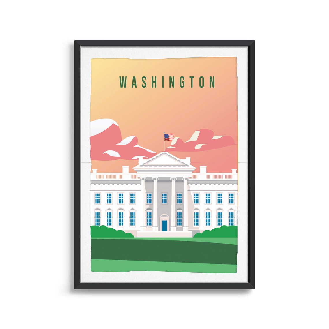 Washington White House Sunset Patriotic Vintage Travel Poster