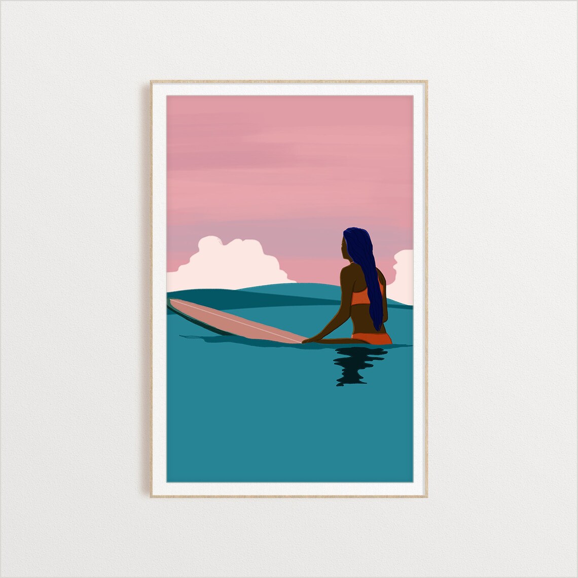Orange Sunset Surfer Girl Surfing Wave Art Print