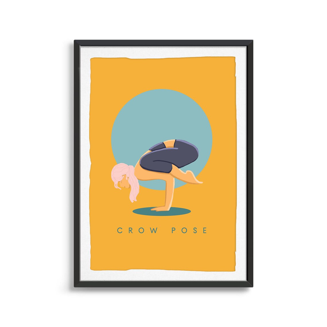 Crow Pose Yoga Illustration With Teal Sun Mustard Yellow Poster - Image 2