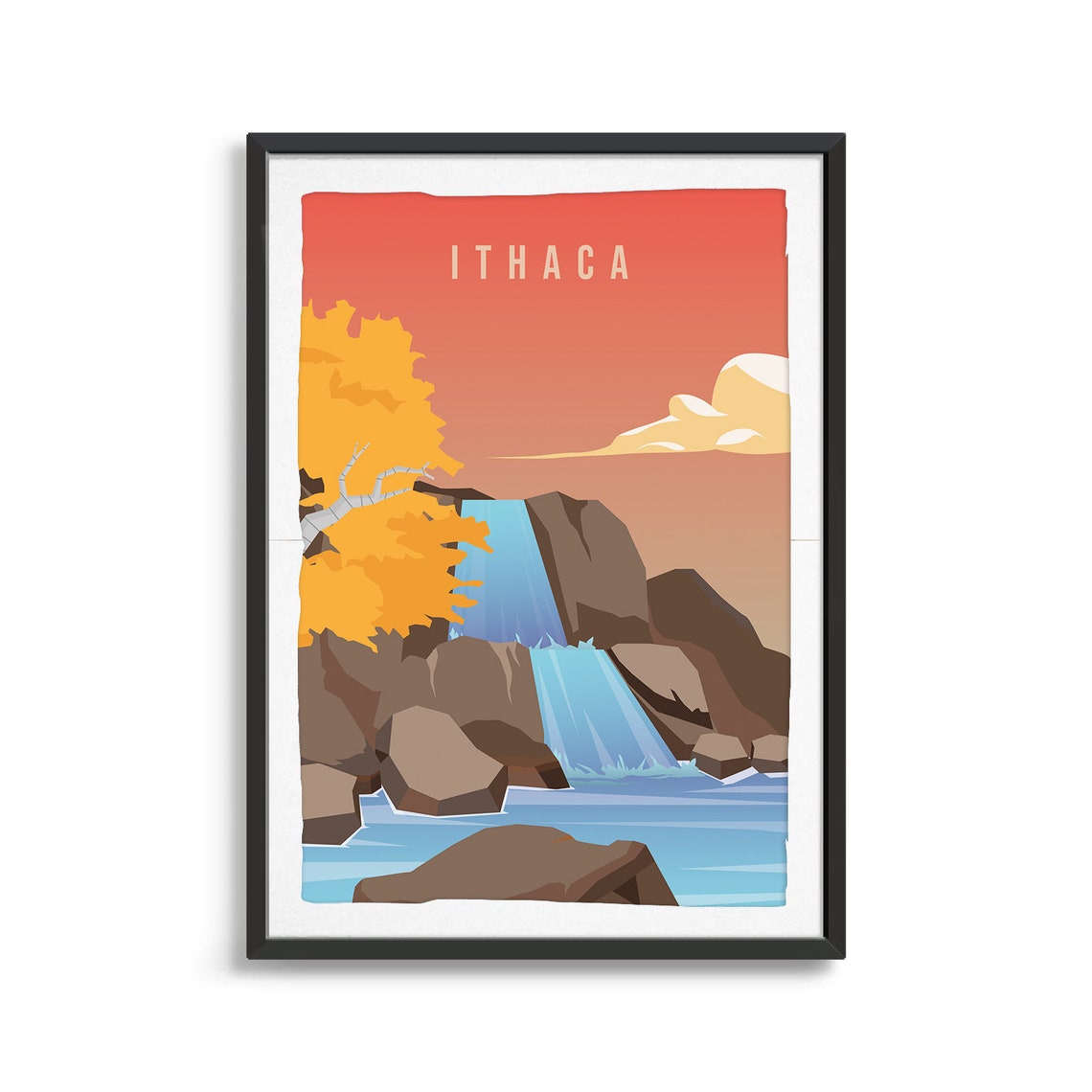 Ithaca Autumn Waterfall Gorge Orange Sunset Vintage Travel Poster