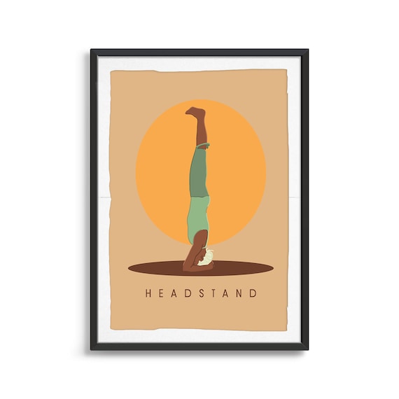 Headstand Yoga Pose Retro Illustration With Orange Sun Poster