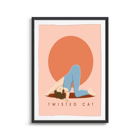 Twisted Cat Retro Yoga Spinal Twist Sun Circle Flat Illustration Print