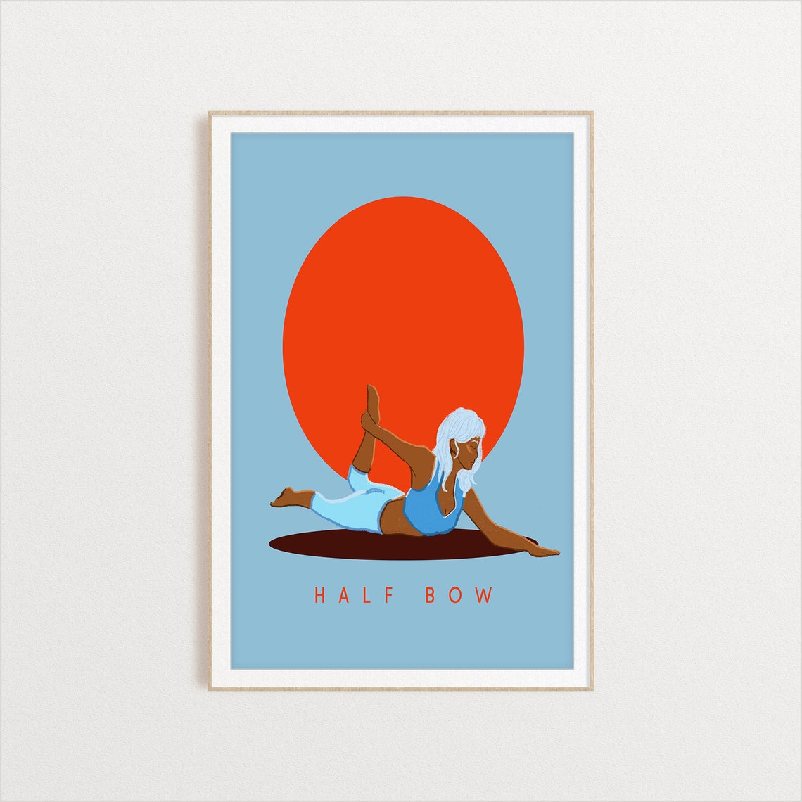 Half Bow Yoga Pose Illustration With Red Sun Sky Blue Poster - Image 2