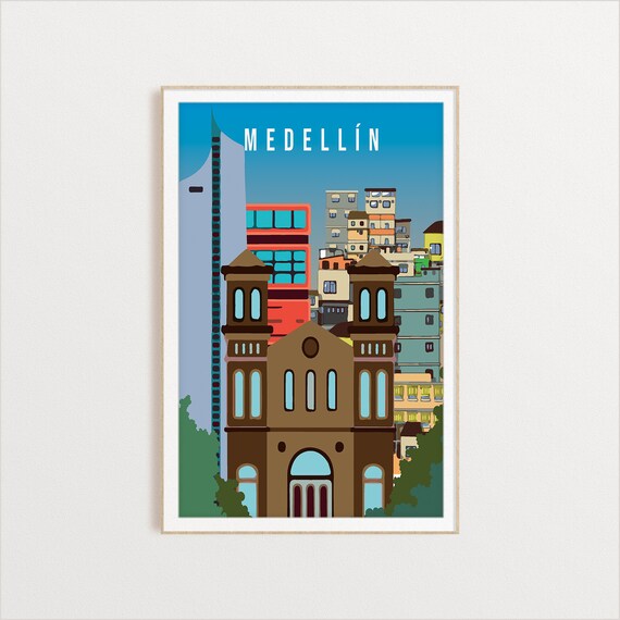 Medellin Colombia Church Towers City Skyline Vintage Travel Poster