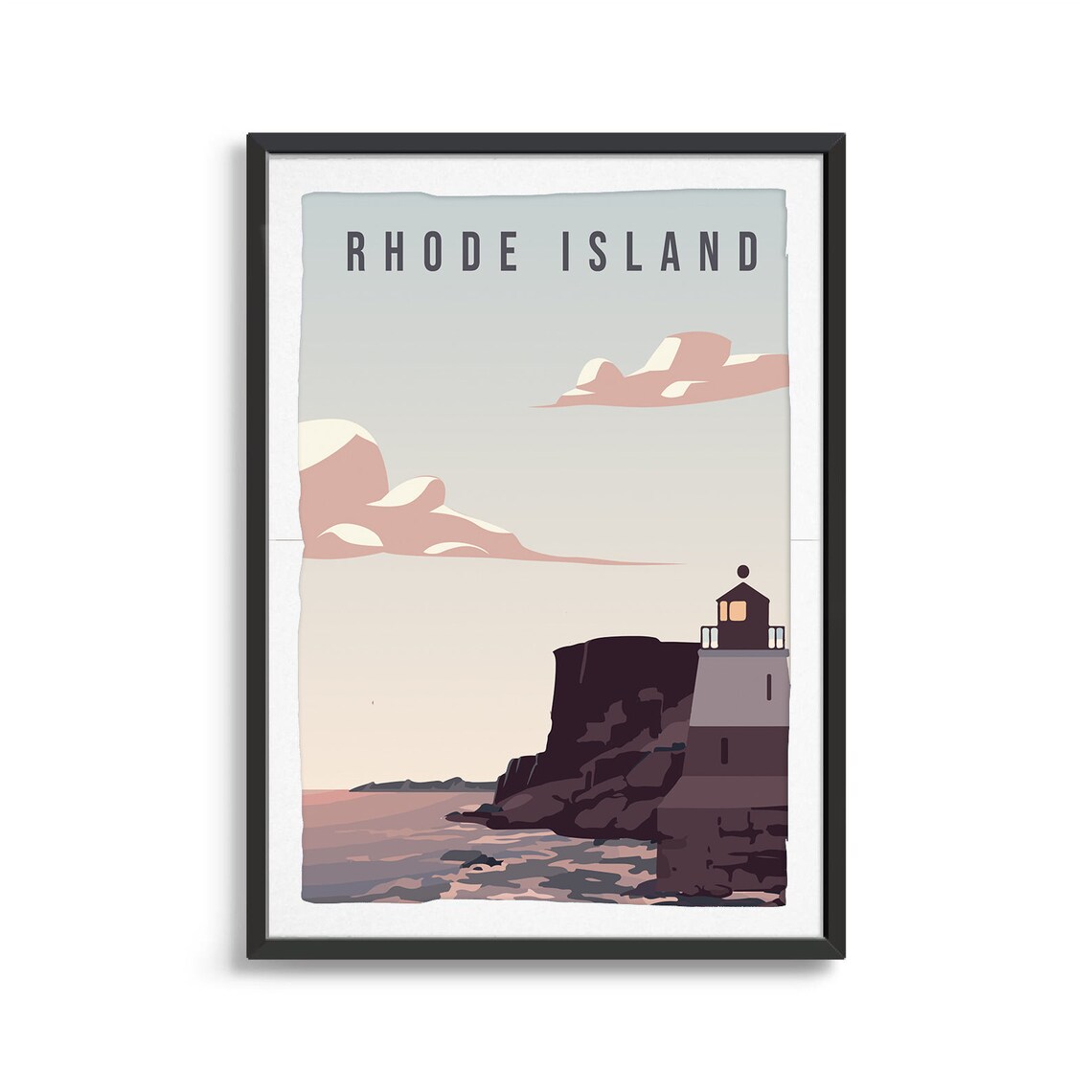 Rhode Island Lighthouse Travel Poster Rocky Coast Ocean Cliff Art