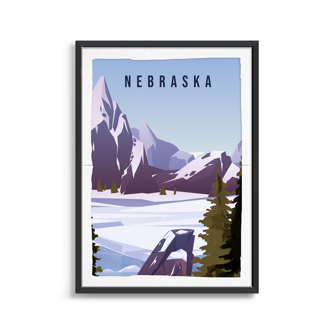 Nebraska Snowy Mountain Peaks Frozen Lake Vintage Winter Travel Poster - Image 2