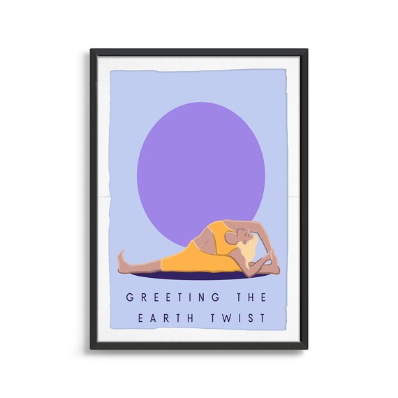 Greeting The Earth Twist Retro Yoga Seated Stretch Sun Circle Flat Illustration Print