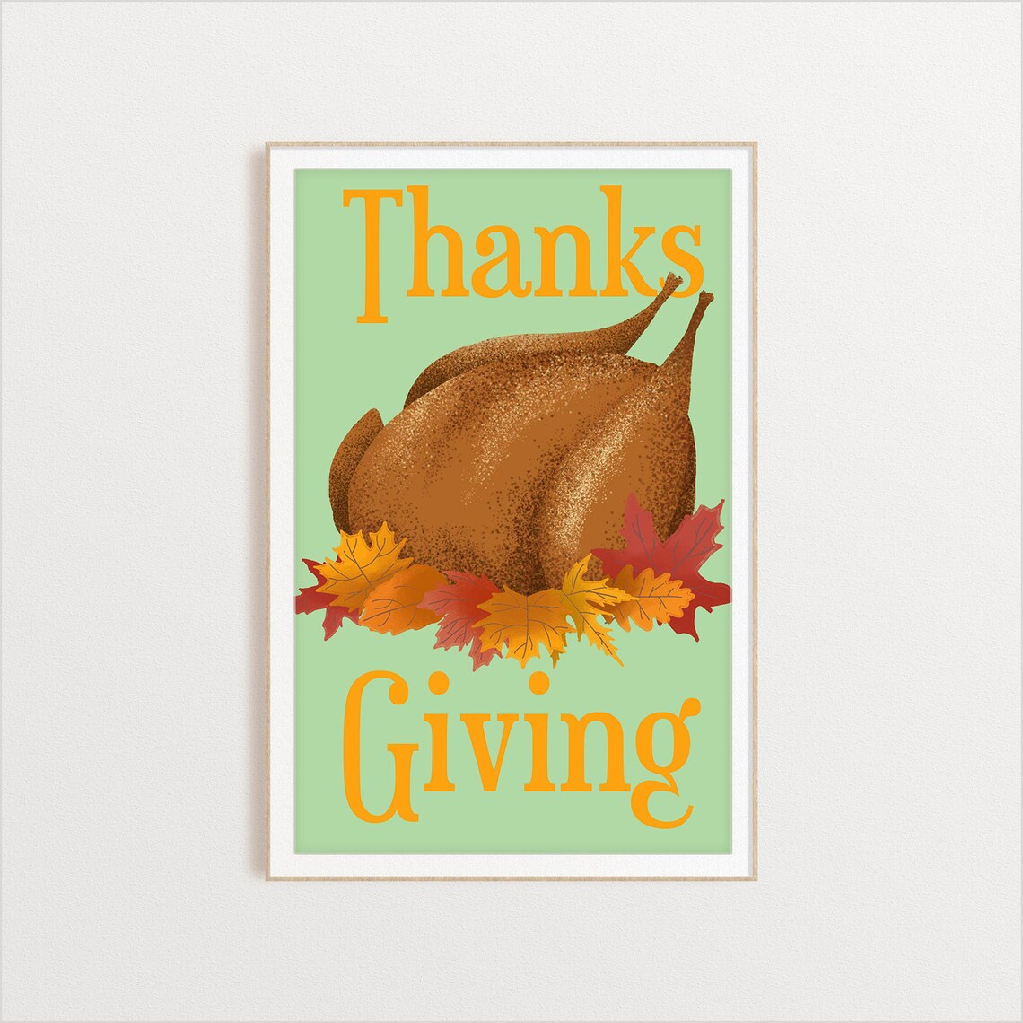Thanks Giving Holiday Poster With Roasted Turkey Autumn Leaves Art