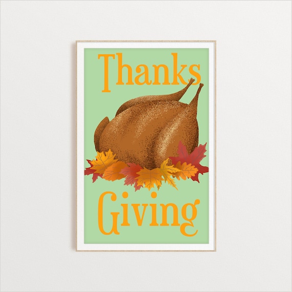 Thanks Giving Holiday Poster With Roasted Turkey Autumn Leaves Art