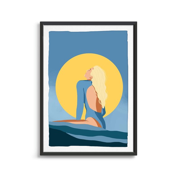 Surfer Girl In The Water Illustration Ocean Print For Surfers