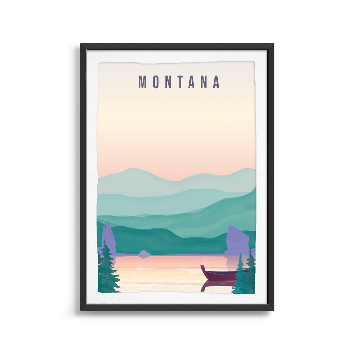 Montana Mountain Lake Canoe Wilderness Landscape Vintage Travel Poster
