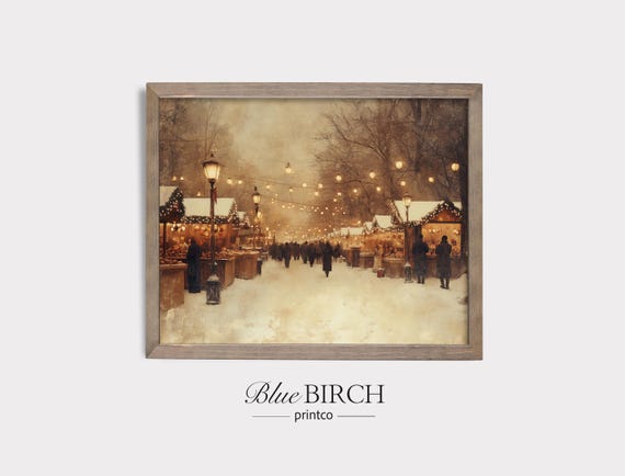 Vintage Christmas Market Print Cozy Winter Wall Art Rustic Holiday Scene Festive Street Decor Moody Artwork 369