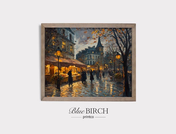 Autumn Market Scene Oil Painting Rustic Fall Marketplace Sleepy Town Street Moody Vintage Wall Art Decor Romantic 70