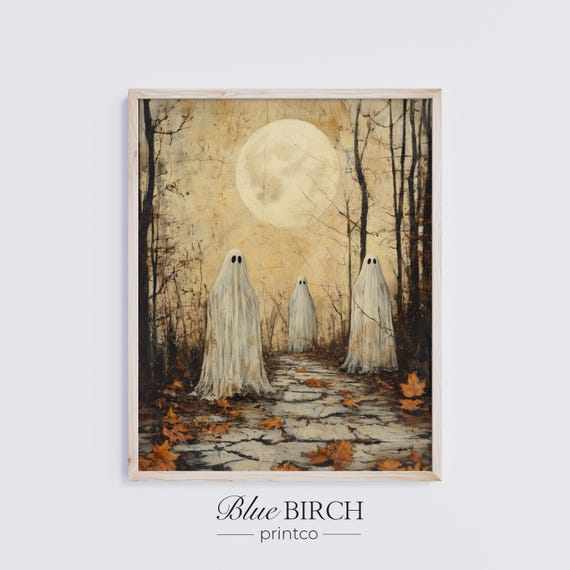Vintage Ghostly Woods Autumn Night Scene Rustic Fall Decor Halloween Wall Art Spooky Landscape Painting Moonlit Forest 113