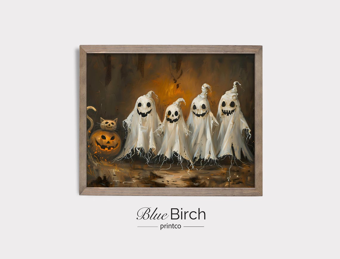 Halloween Figures With Jackolantern Spooky Fall Wall Art Rustic Decor Ghostly Scene Print 116