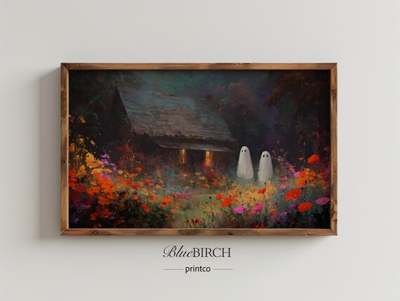 Haunted Cottage Ghosts Wildflower Field Dusk Halloween Oil Painting Poster