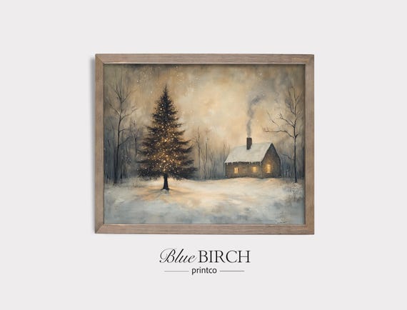 Tranquil Snowy Night With Decorated Tree Rustic Winter Landscape Painting Cozy Cottage Scene Wall Art Holiday Decor 373