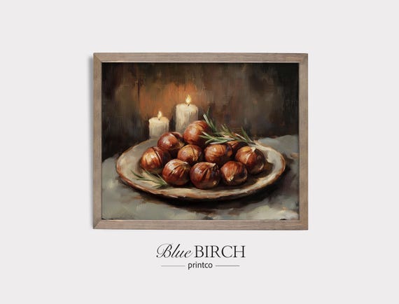 Rustic Autumn Chestnut Platter with Candles Vintage Oil Painting Wall Art