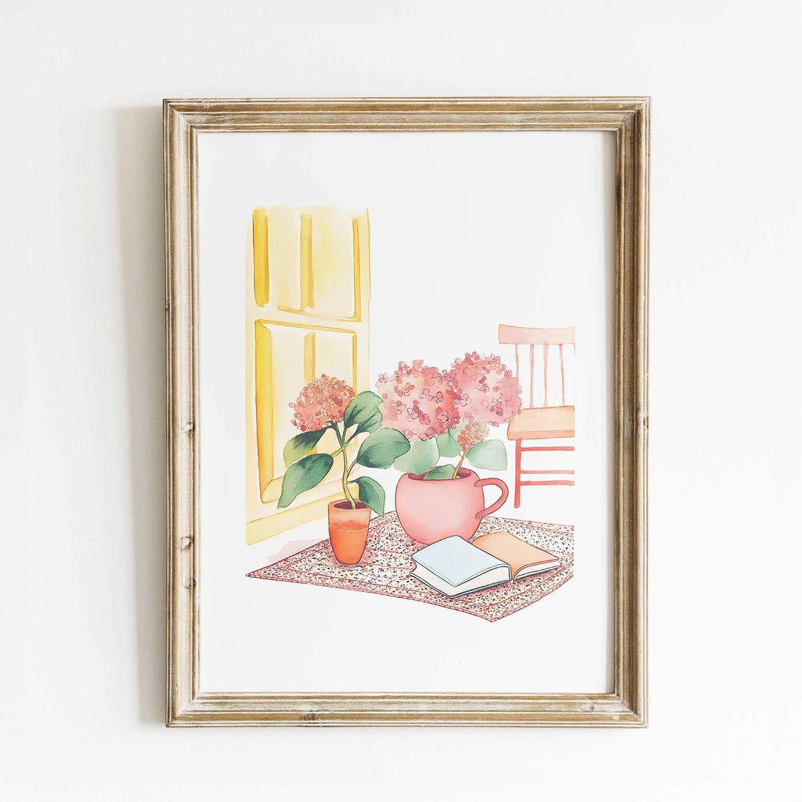 French Window Scene Watercolor with Pink Hydrangeas and Book Poster