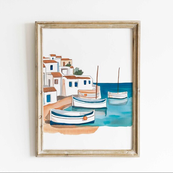 Greek Fishing Village Watercolor Poster Mediterranean Coastal Decor