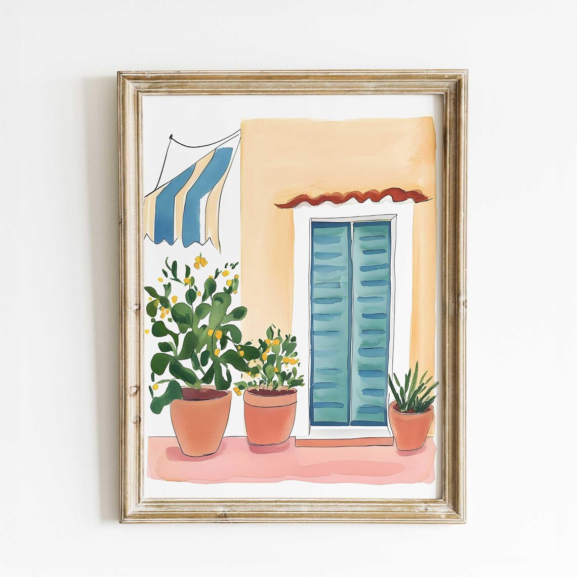Italian Window Blue Shutters Terracotta Pots Watercolor Wall Art