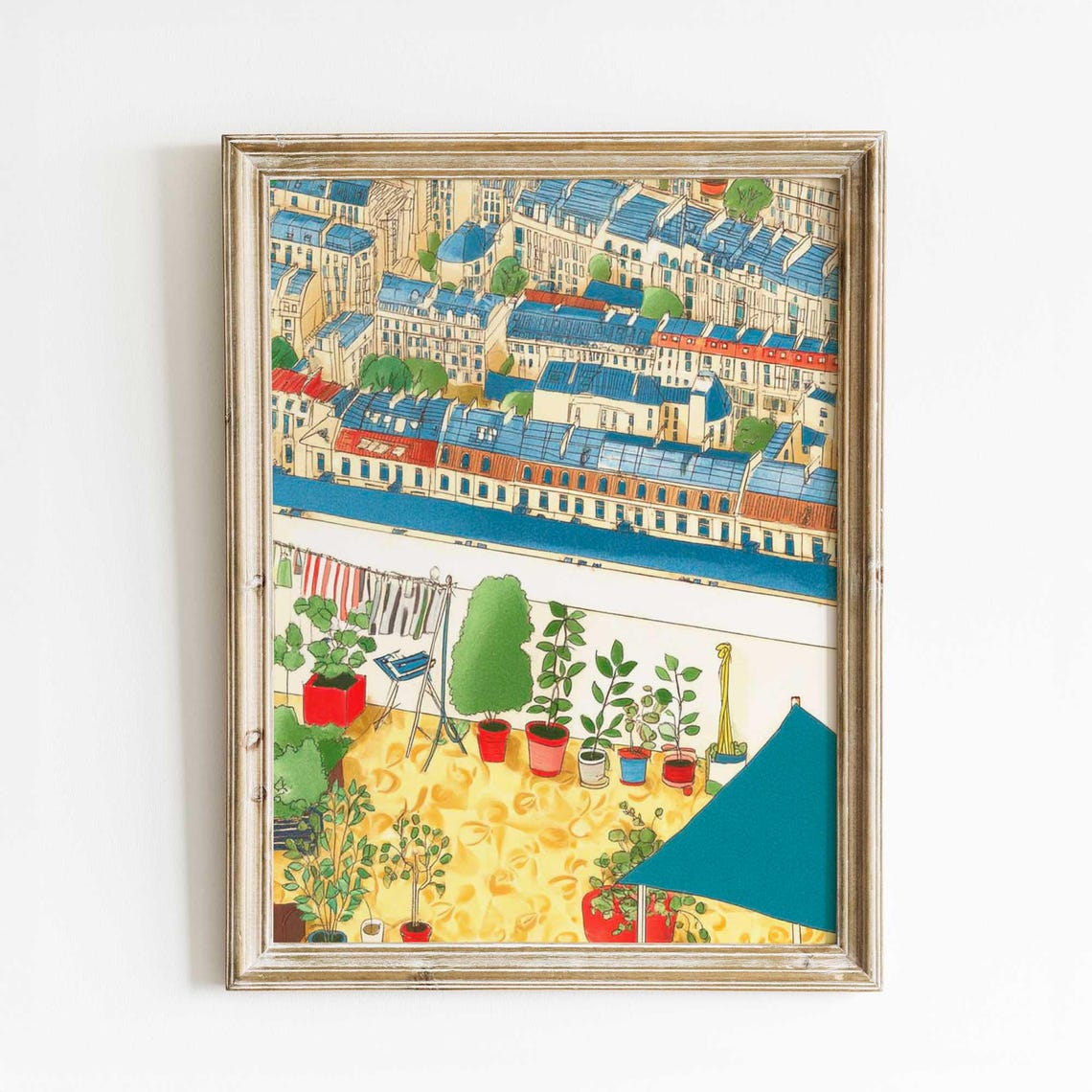 Vibrant Rooftop Garden Watercolor Poster with Cityscape Terrace View